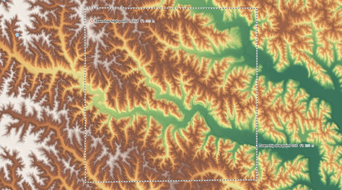 Topographic elevation map of Richland Township, Putnam County, Missouri, shaded from 840 ft on the southeast side to 1,060 ft on the northwest side