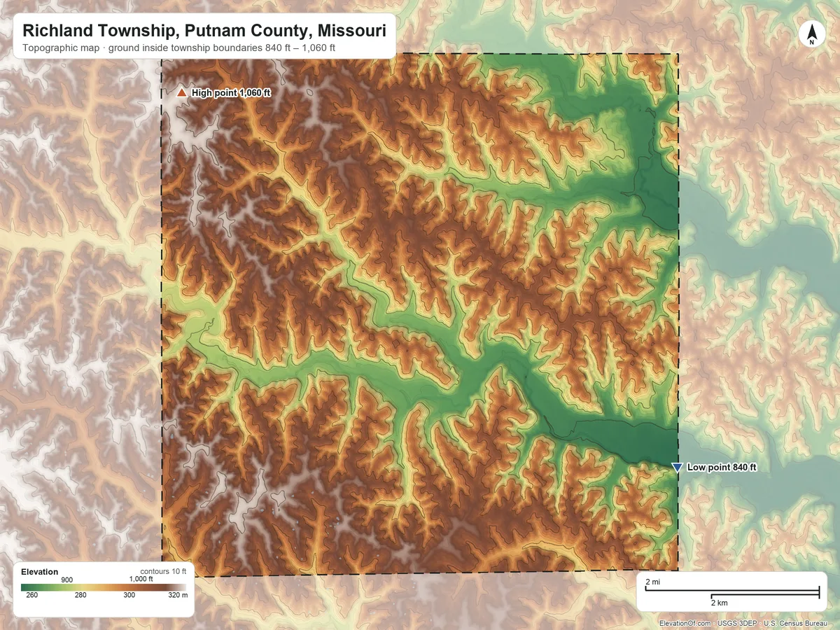 Topographic elevation map of Richland Township, Putnam County, Missouri, shaded from 840 ft on the southeast side to 1,060 ft on the northwest side