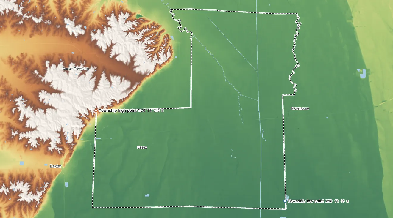 Topographic elevation map of Richland Township, Missouri, shaded from 280 ft on the southeast side to 470 ft on the west side