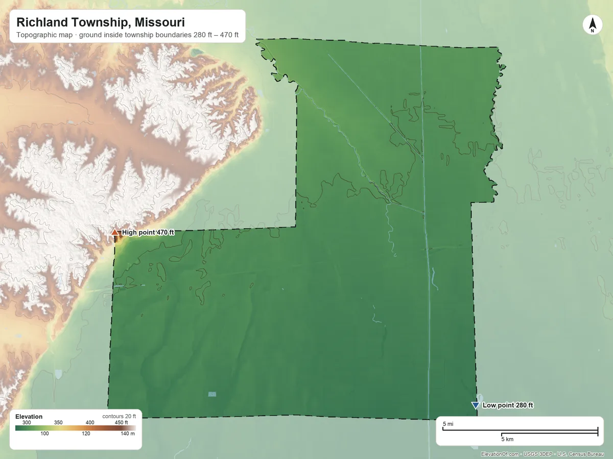Topographic elevation map of Richland Township, Missouri, shaded from 280 ft on the southeast side to 470 ft on the west side