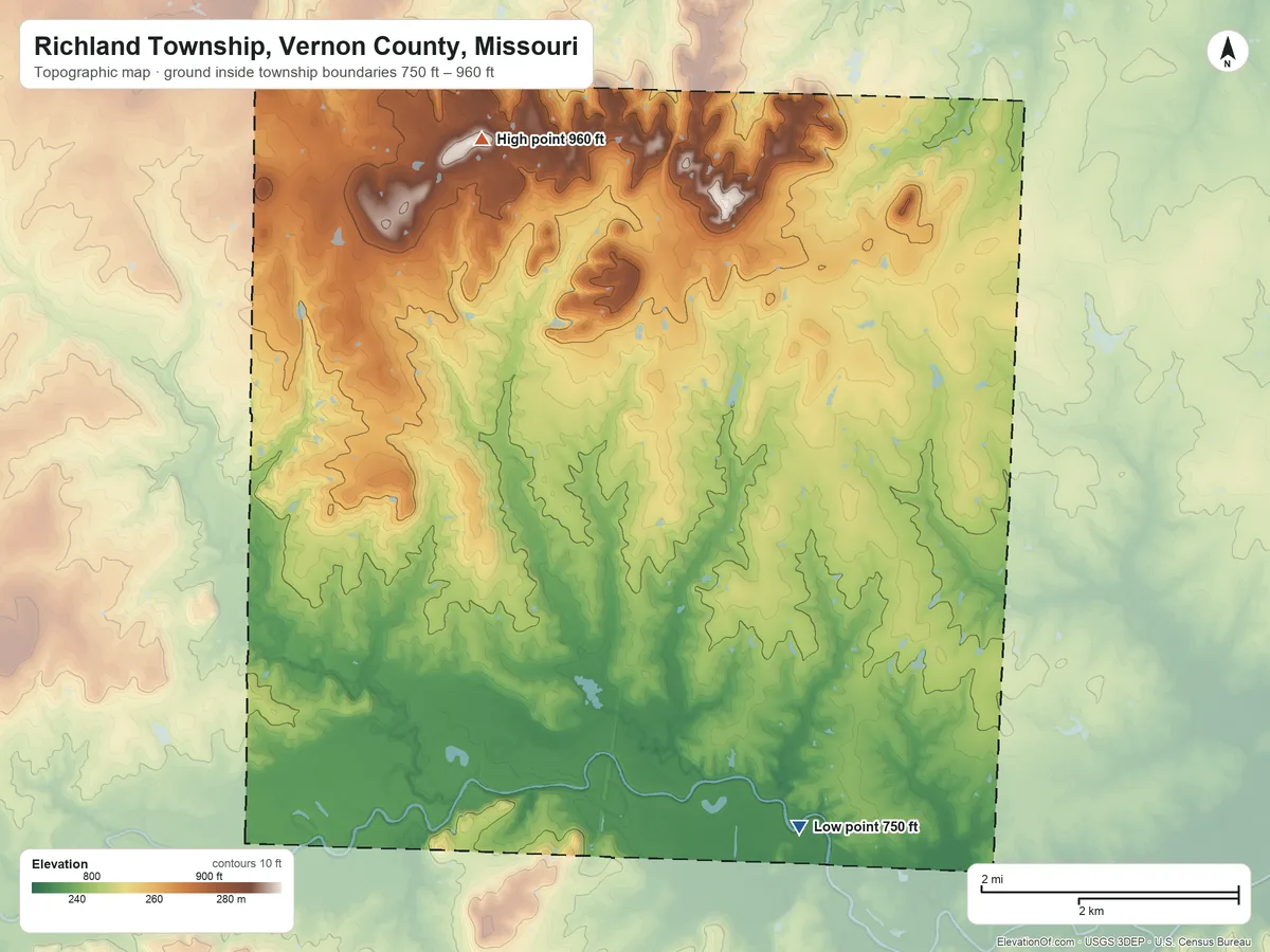 Topographic elevation map of Richland Township, Vernon County, Missouri, shaded from 750 ft on the southeast side to 960 ft on the northwest side