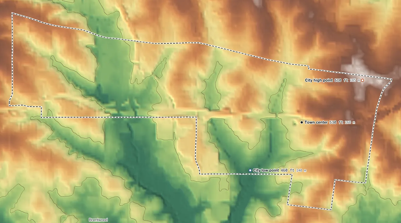 Topographic elevation map of Richmond Heights, Missouri, shaded from 460 ft on the southwest side to 610 ft on the northeast side