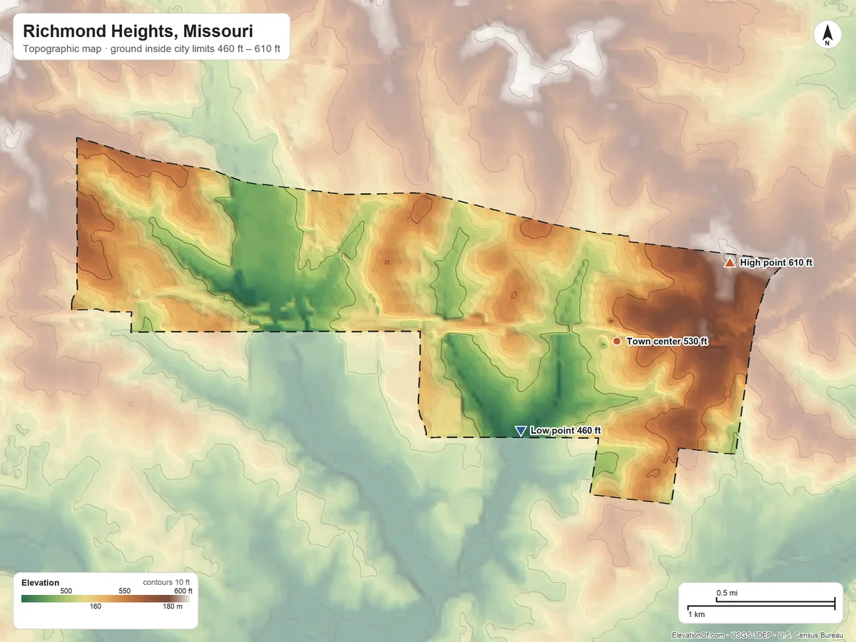 Topographic elevation map of Richmond Heights, Missouri, shaded from 460 ft on the southwest side to 610 ft on the northeast side