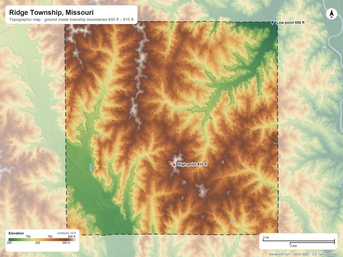 Topographic elevation map of Ridge Township, Missouri, shaded from 650 ft on the northeast side to 810 ft on the southwest side