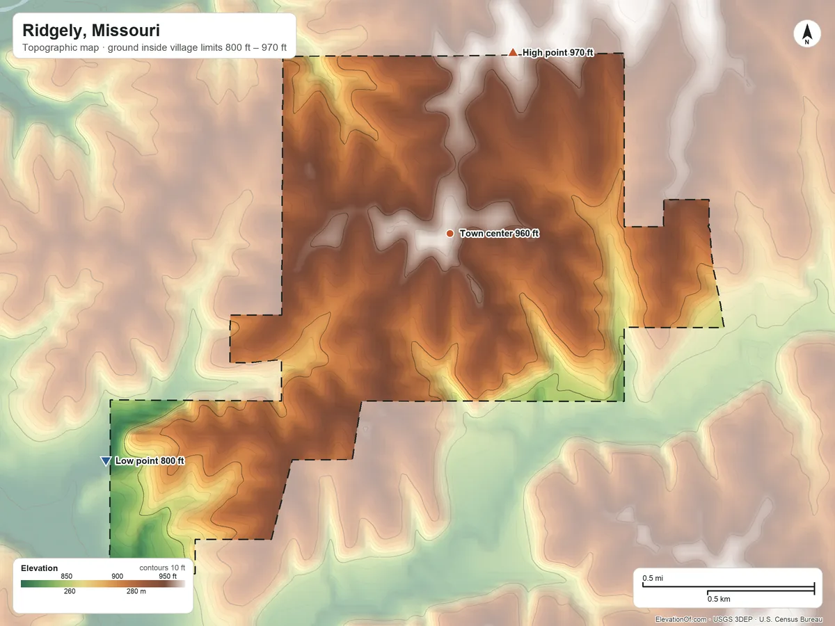 Topographic elevation map of Ridgely, Missouri, shaded from 800 ft on the southwest side to 970 ft on the north side