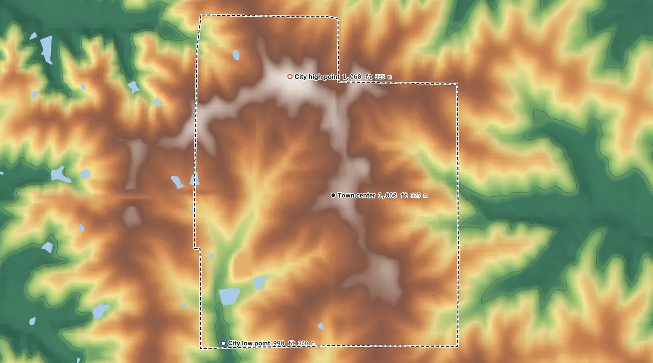 Topographic elevation map of Ridgeway, Missouri, shaded from 990 ft on the southwest side to 1,060 ft on the north side