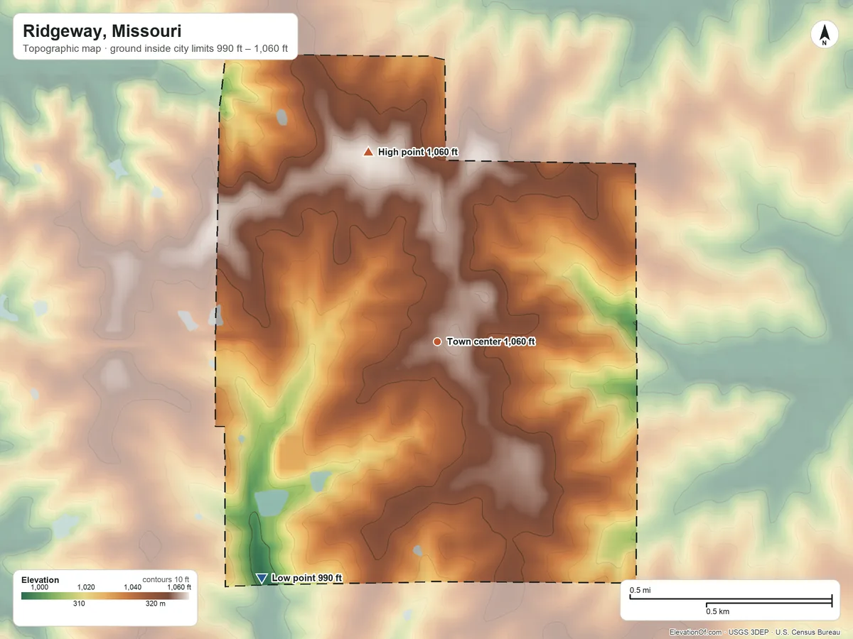 Topographic elevation map of Ridgeway, Missouri, shaded from 990 ft on the southwest side to 1,060 ft on the north side