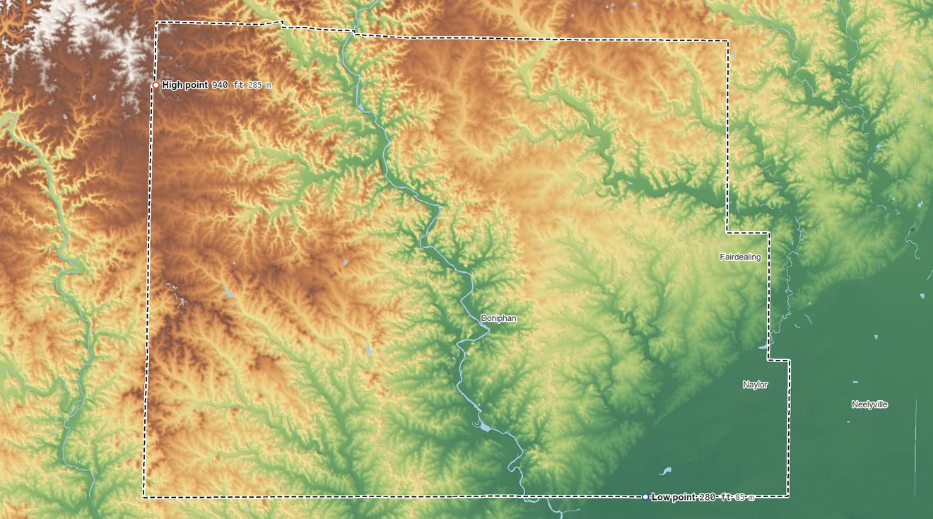 Topographic elevation map of Ripley County, Missouri, shaded from 280 ft on the southeast side to 940 ft on the northwest side