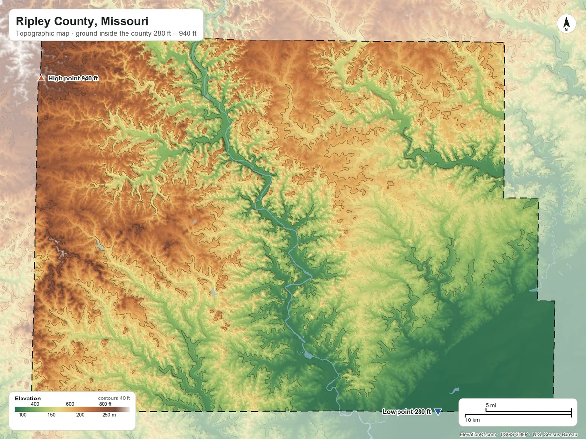 Topographic elevation map of Ripley County, Missouri, shaded from 280 ft on the southeast side to 940 ft on the northwest side
