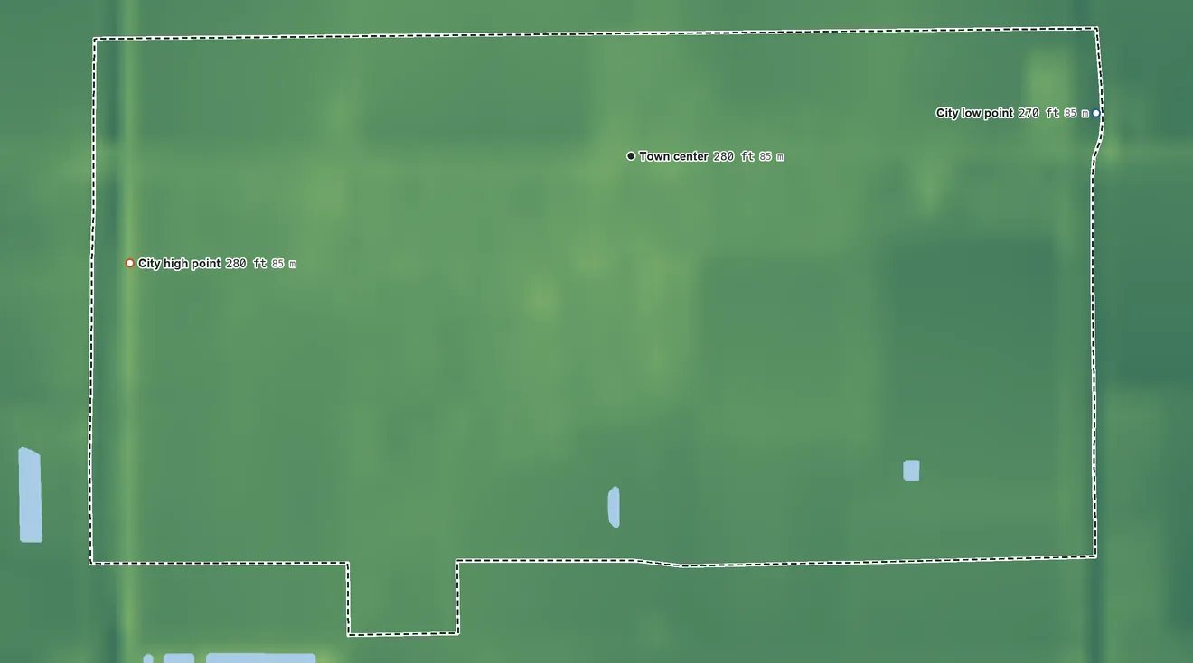 Topographic elevation map of Risco, Missouri, shaded from 270 ft on the east side to 280 ft on the west side