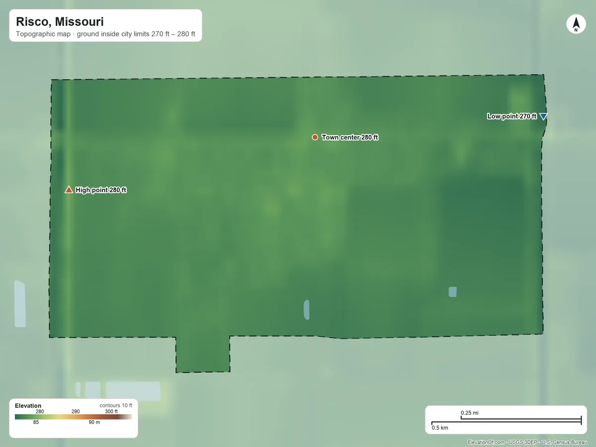 Topographic elevation map of Risco, Missouri, shaded from 270 ft on the east side to 280 ft on the west side
