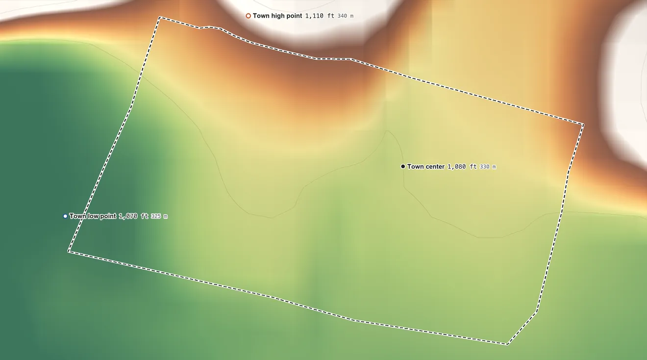 Topographic elevation map of Ritchey, Missouri, shaded from 1,070 ft on the west side to 1,110 ft on the northwest side