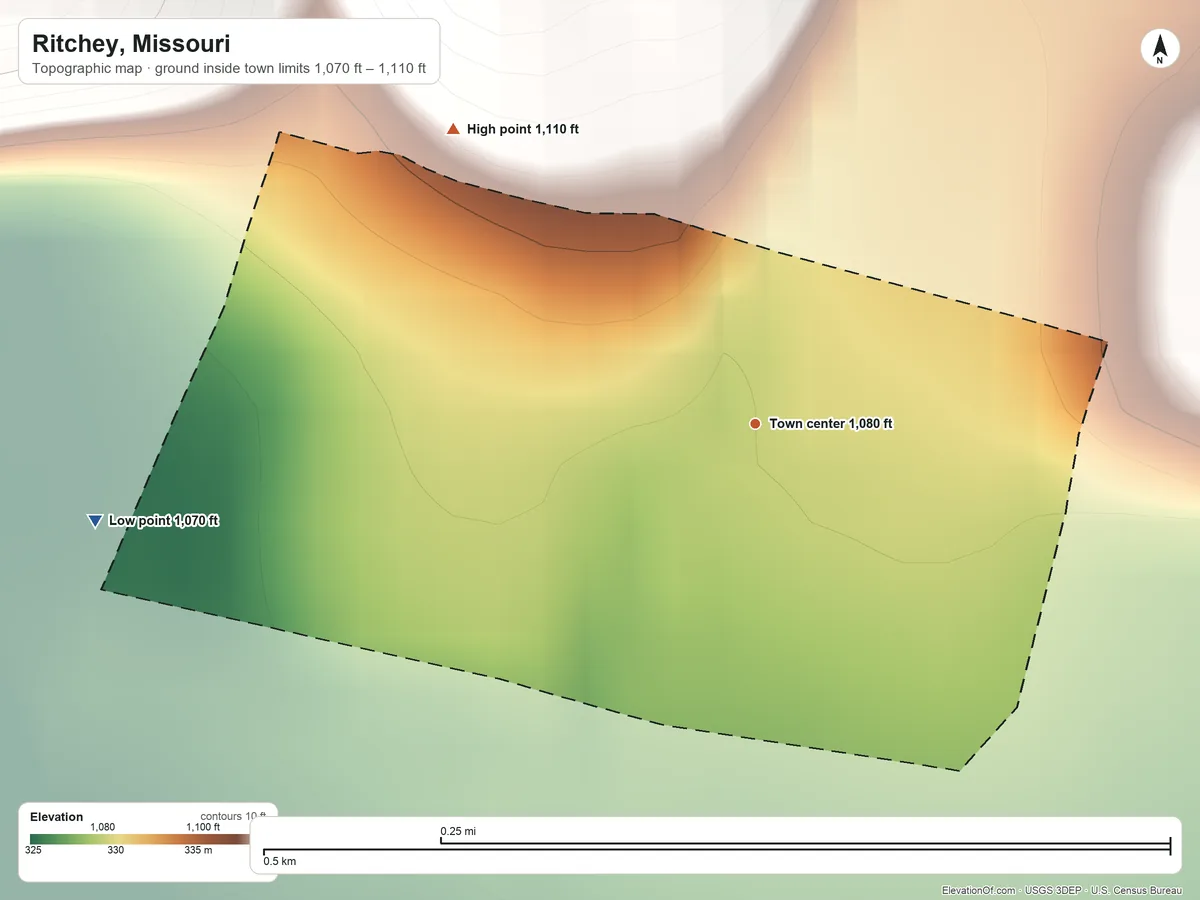 Topographic elevation map of Ritchey, Missouri, shaded from 1,070 ft on the west side to 1,110 ft on the northwest side