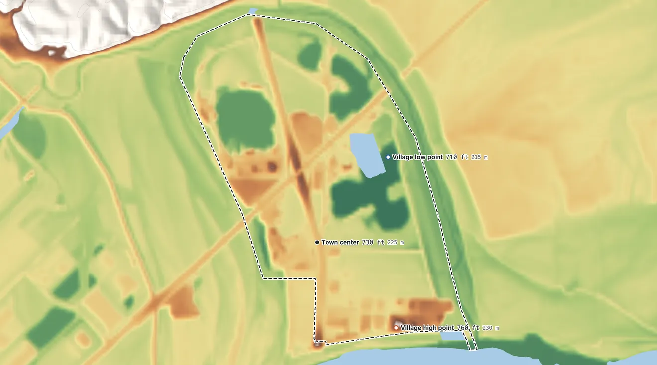 Topographic elevation map of River Bend, Missouri, shaded from 710 ft on the northeast side to 760 ft on the southeast side