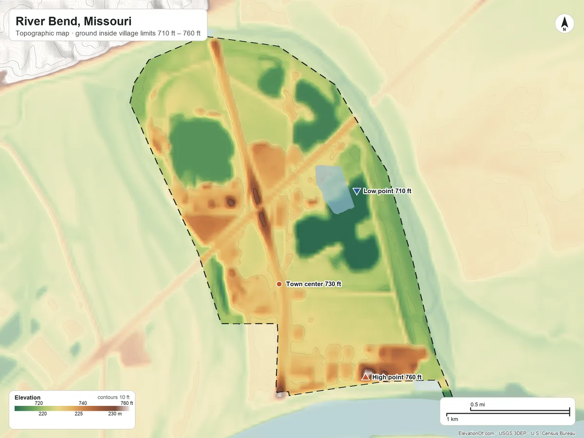 Topographic elevation map of River Bend, Missouri, shaded from 710 ft on the northeast side to 760 ft on the southeast side