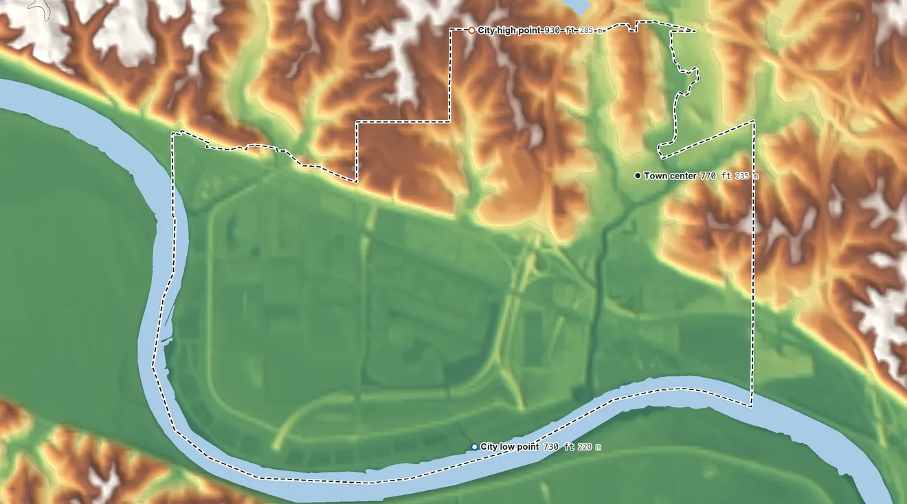 Topographic elevation map of Riverside, Missouri, shaded from 730 ft on the southwest side to 930 ft on the northwest side