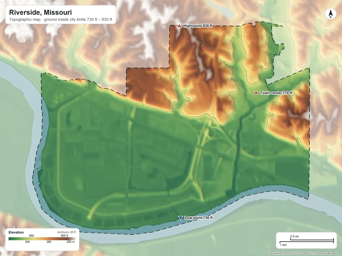Topographic elevation map of Riverside, Missouri, shaded from 730 ft on the southwest side to 930 ft on the northwest side