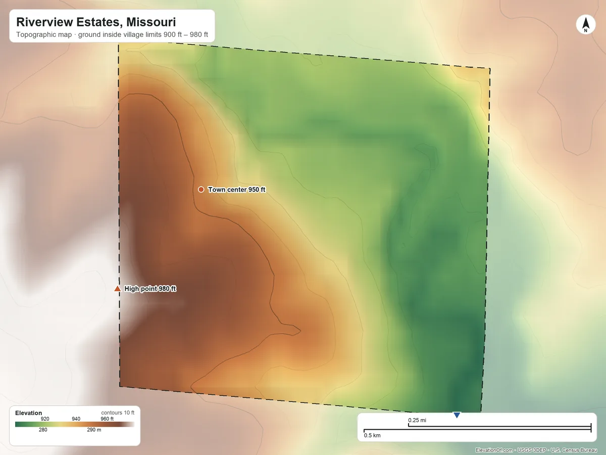 Topographic elevation map of Riverview Estates, Missouri, shaded from 900 ft on the southeast side to 980 ft on the southwest side
