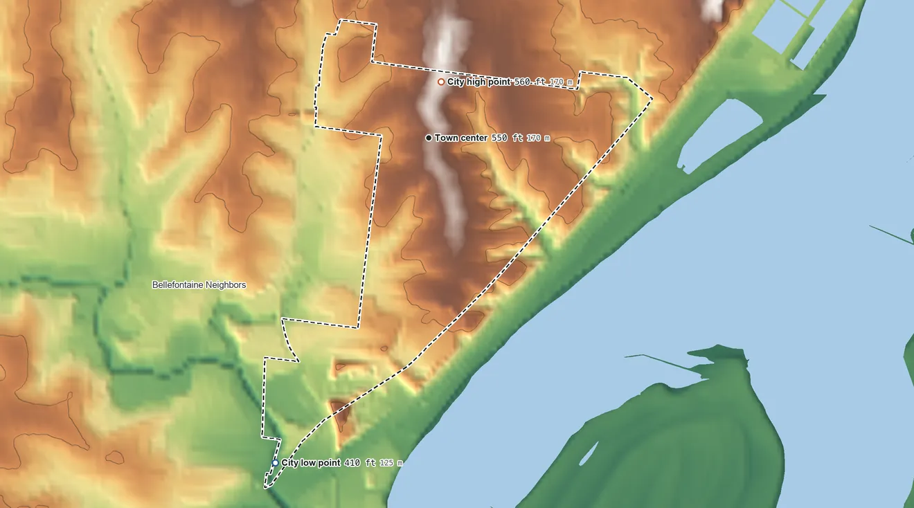 Topographic elevation map of Riverview, Missouri, shaded from 410 ft on the southwest side to 560 ft near the middle