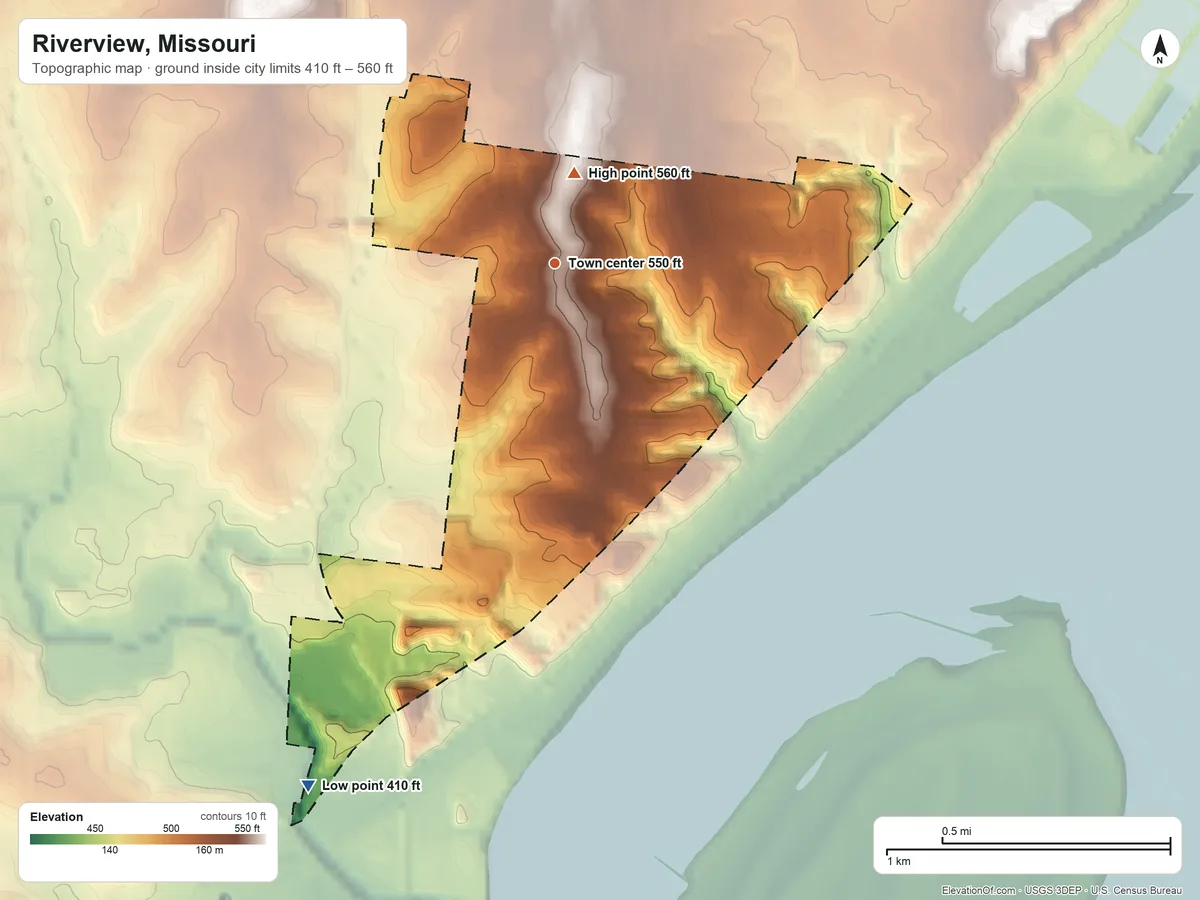 Topographic elevation map of Riverview, Missouri, shaded from 410 ft on the southwest side to 560 ft near the middle
