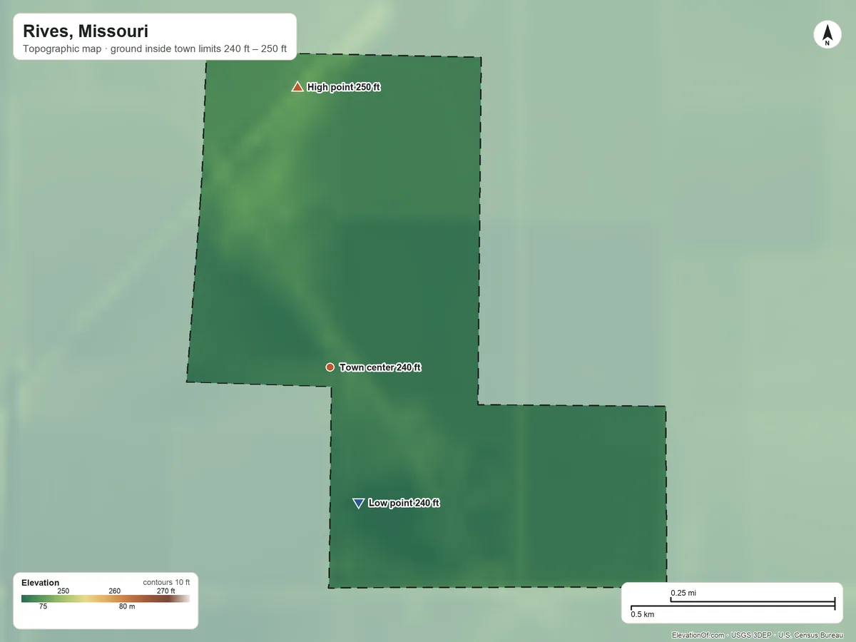 Topographic elevation map of Rives, Missouri, shaded from 240 ft on the south side to 250 ft on the north side