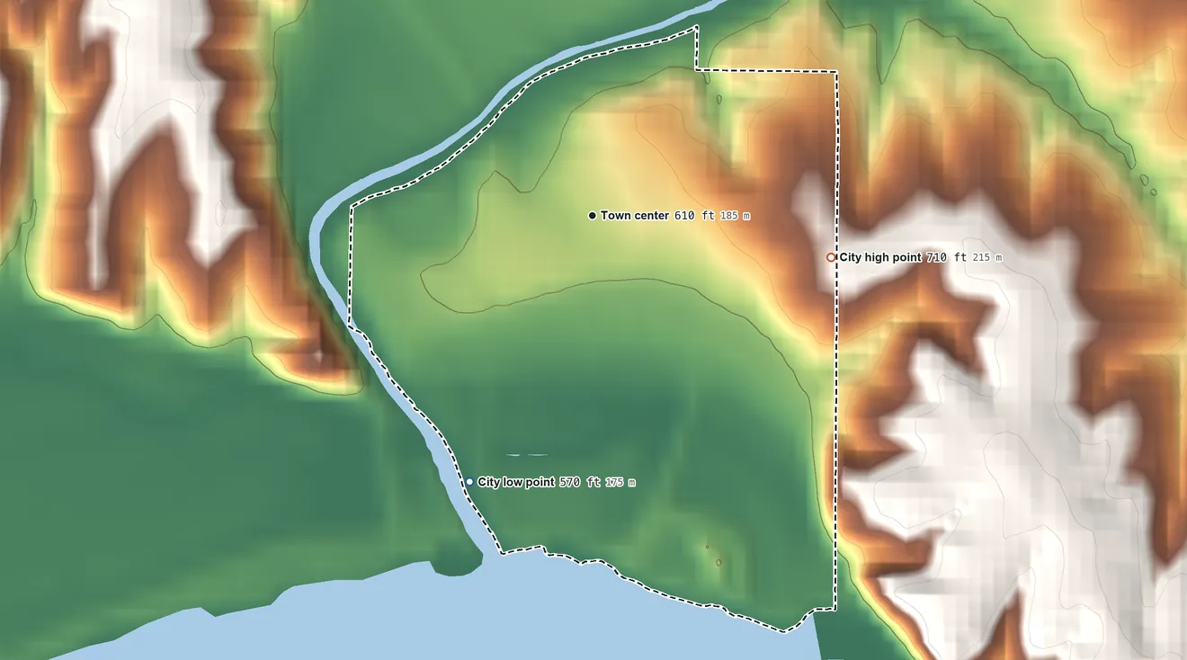 Topographic elevation map of Rocheport, Missouri, shaded from 570 ft on the southwest side to 710 ft on the east side