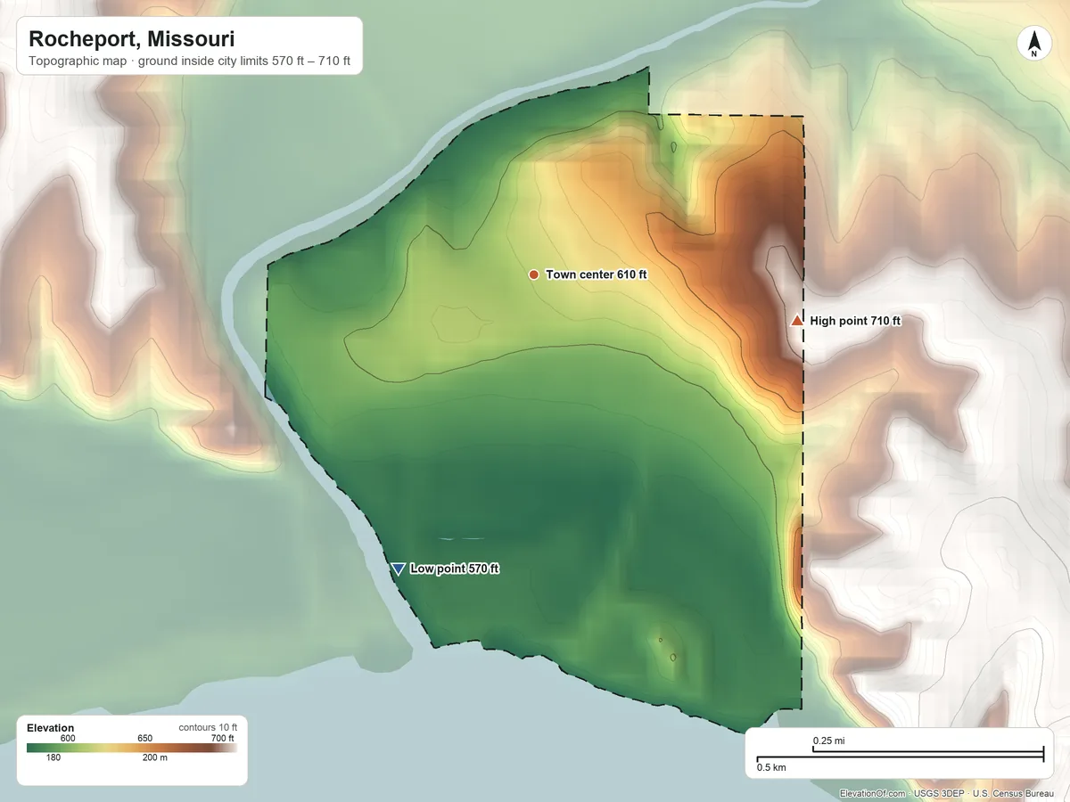 Topographic elevation map of Rocheport, Missouri, shaded from 570 ft on the southwest side to 710 ft on the east side