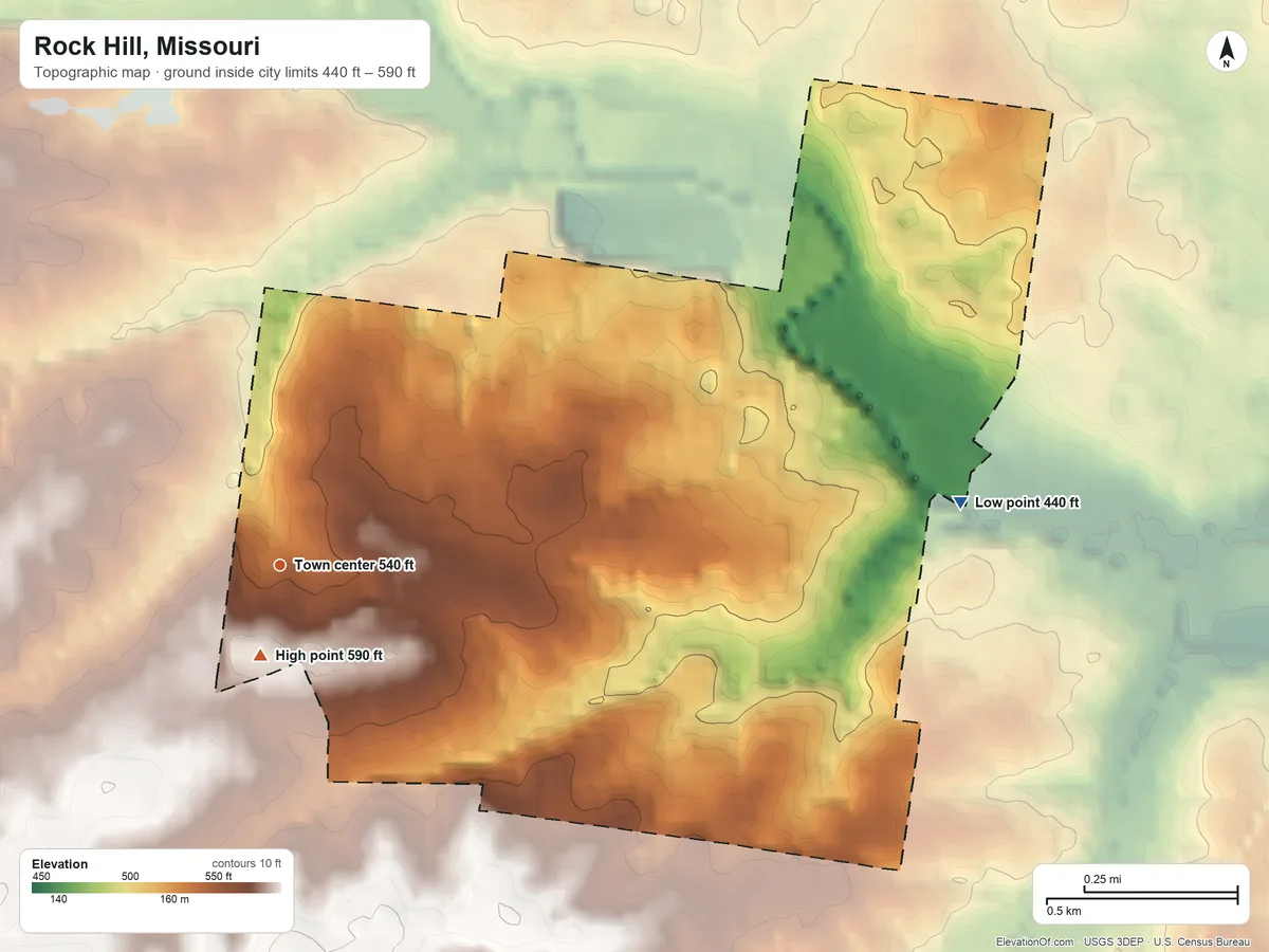 Topographic elevation map of Rock Hill, Missouri, shaded from 440 ft on the east side to 590 ft near the middle
