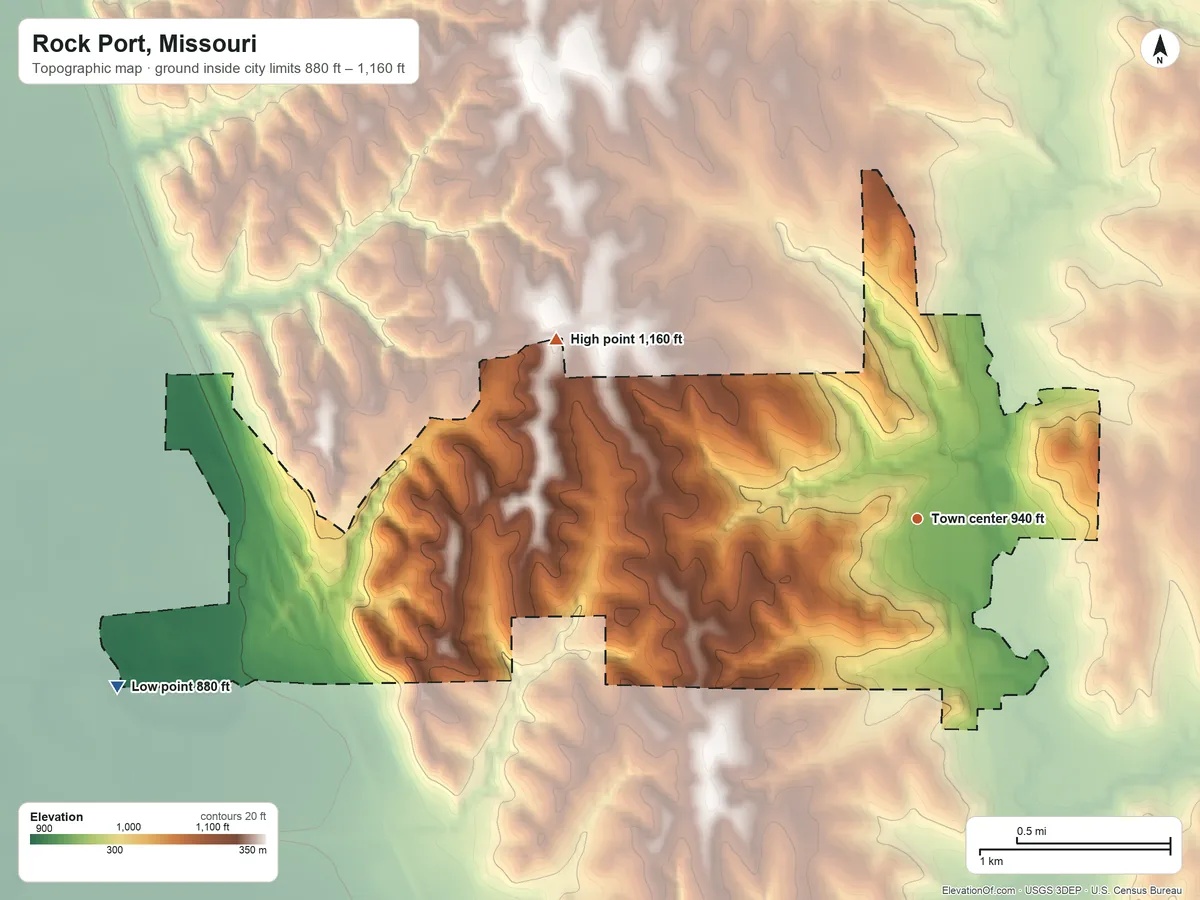 Topographic elevation map of Rock Port, Missouri, shaded from 880 ft on the west side to 1,160 ft on the northwest side
