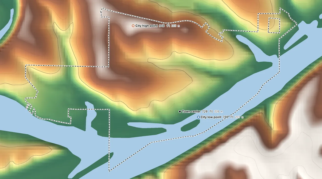 Topographic elevation map of Rockaway Beach, Missouri, shaded from 700 ft near the middle to 940 ft on the northwest side