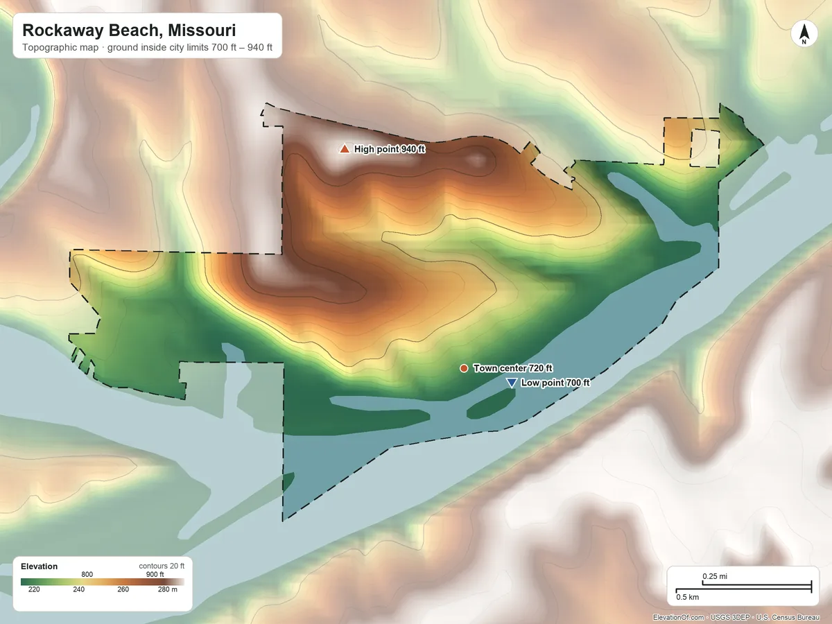 Topographic elevation map of Rockaway Beach, Missouri, shaded from 700 ft near the middle to 940 ft on the northwest side