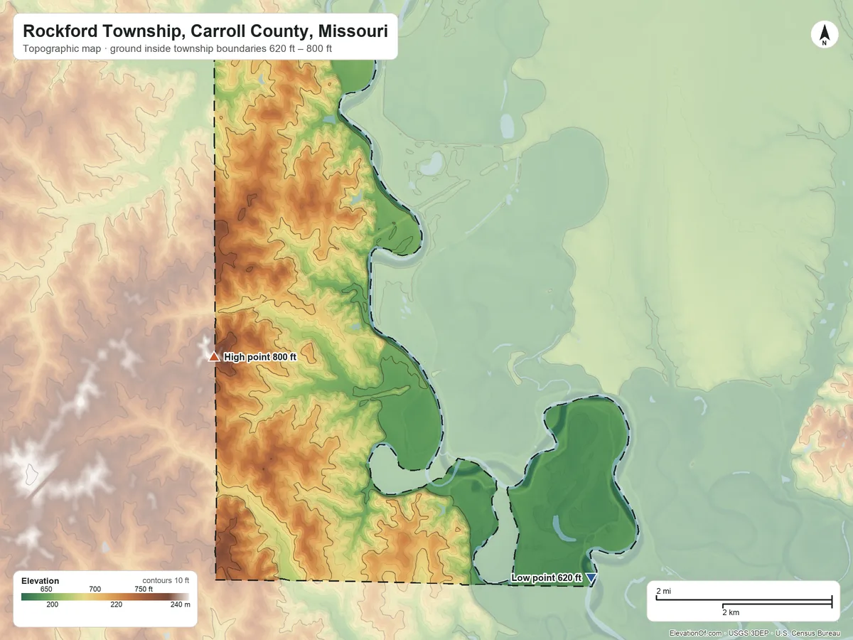 Topographic elevation map of Rockford Township, Carroll County, Missouri, shaded from 620 ft on the southeast side to 800 ft on the west side
