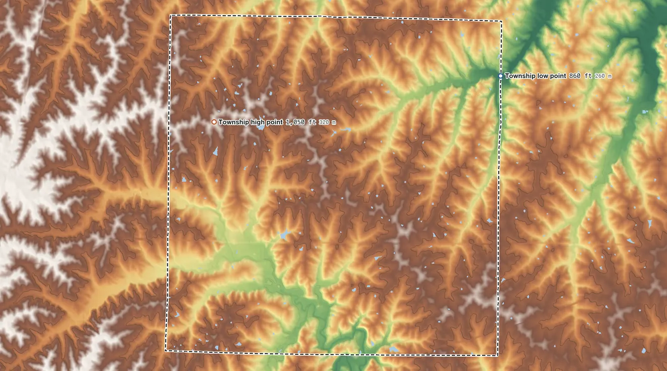 Topographic elevation map of Rockford Township, Missouri, shaded from 860 ft on the northeast side to 1,050 ft on the northwest side