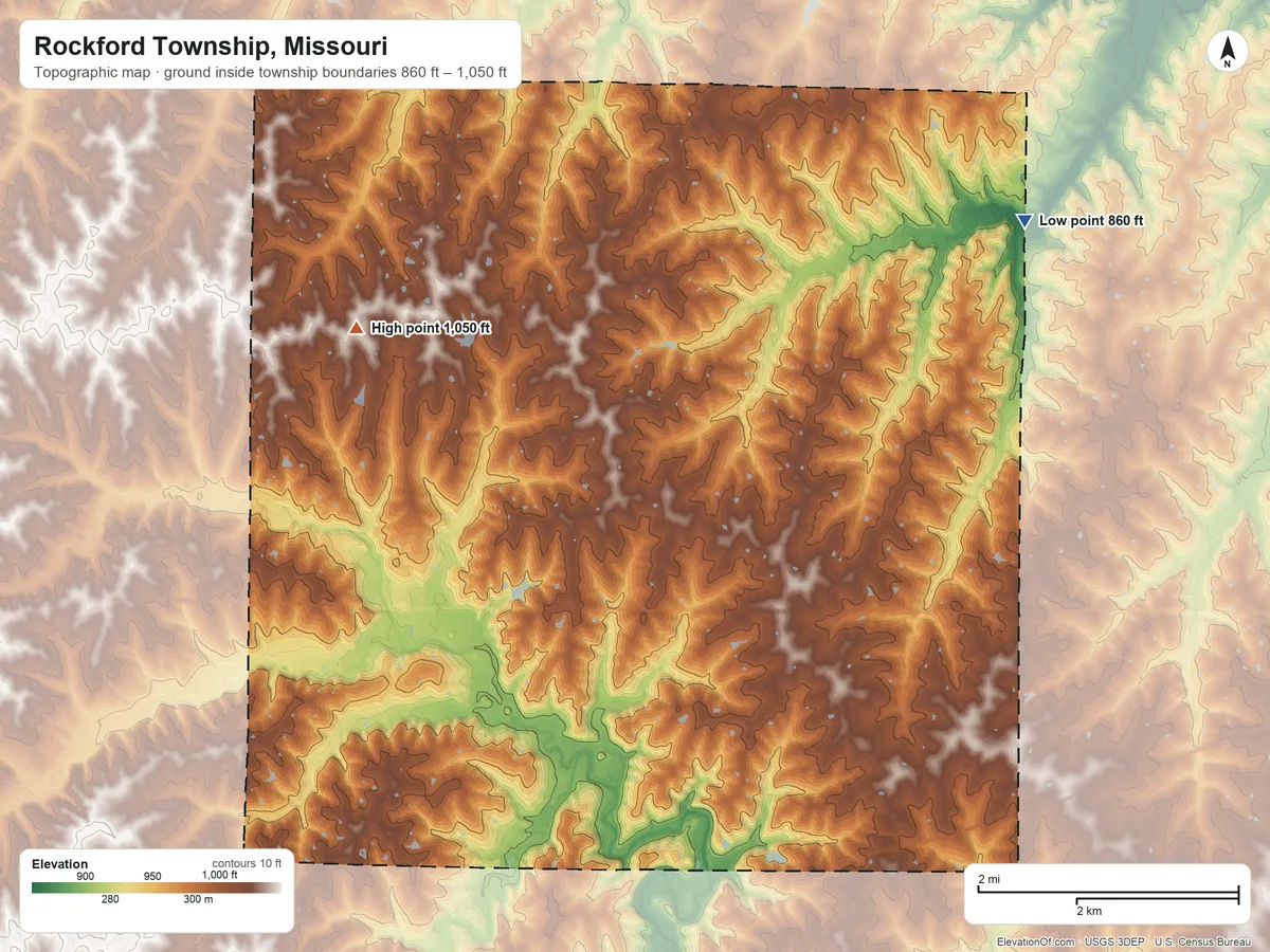 Topographic elevation map of Rockford Township, Missouri, shaded from 860 ft on the northeast side to 1,050 ft on the northwest side