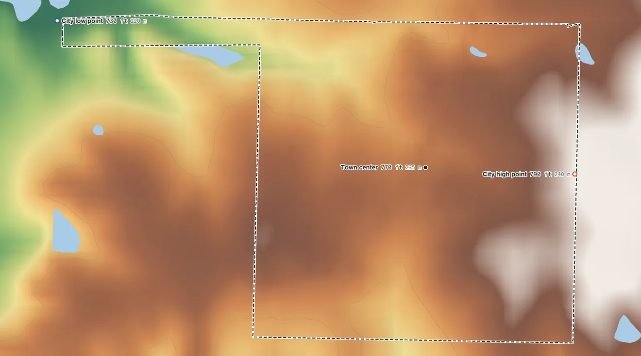 Topographic elevation map of Rockville, Missouri, shaded from 730 ft on the west side to 790 ft on the east side