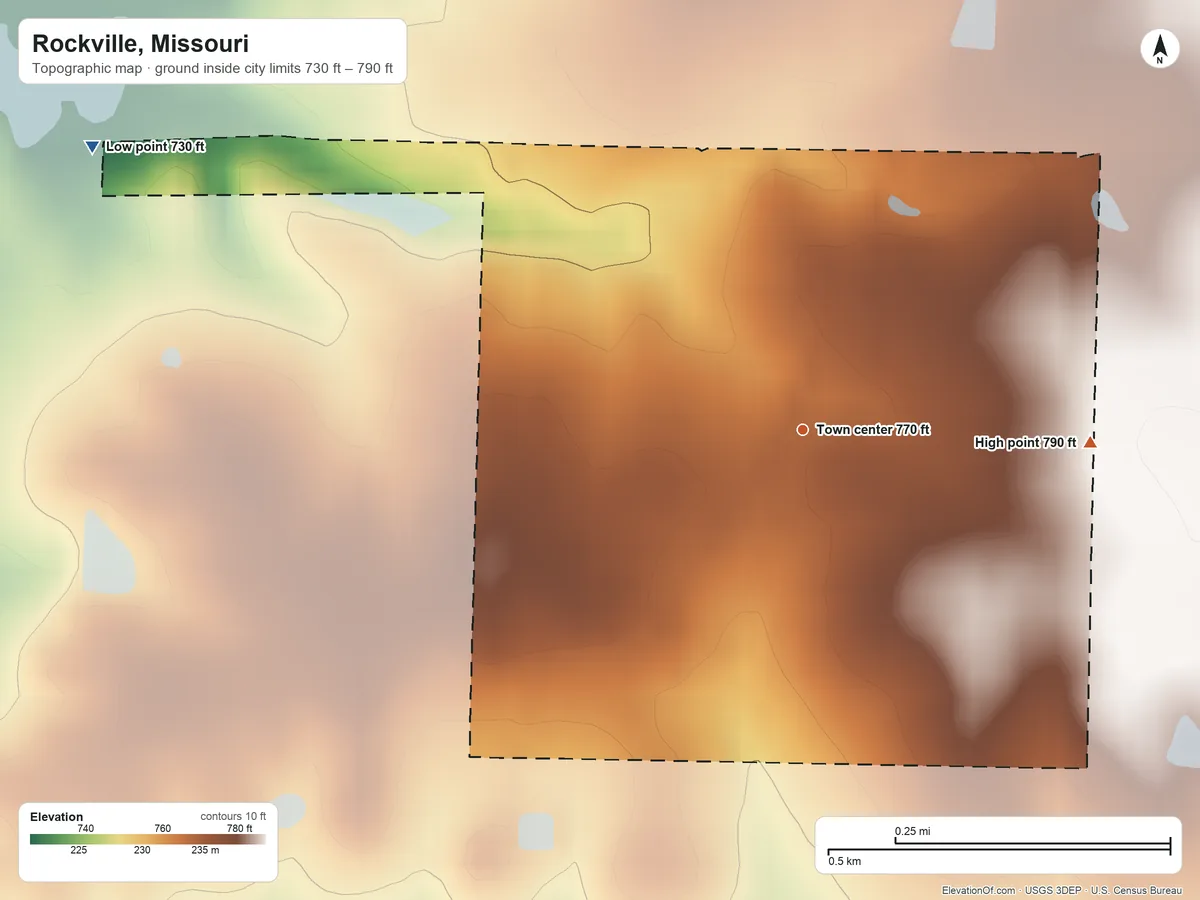 Topographic elevation map of Rockville, Missouri, shaded from 730 ft on the west side to 790 ft on the east side
