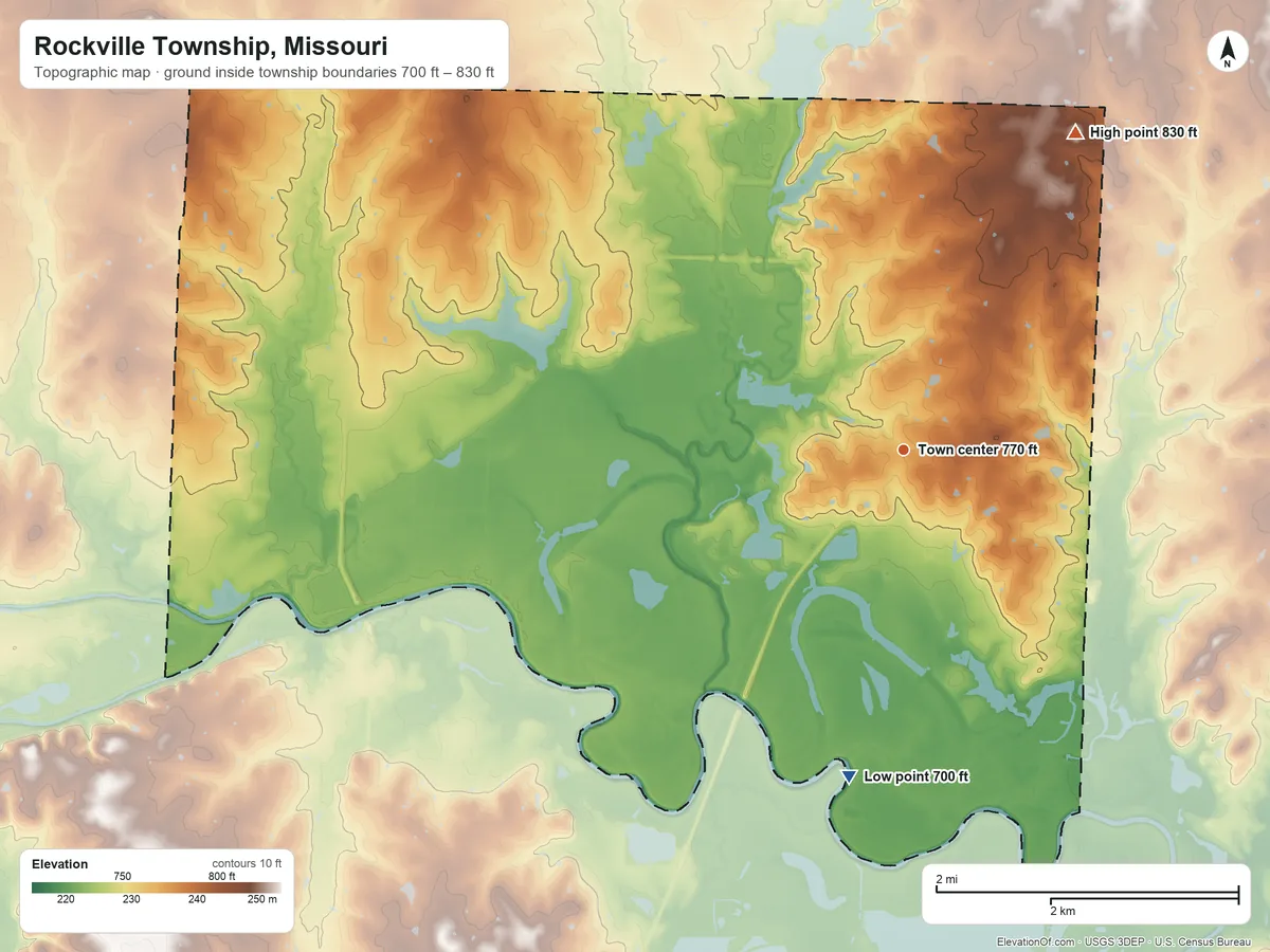 Topographic elevation map of Rockville Township, Missouri, shaded from 700 ft on the south side to 830 ft on the northeast side
