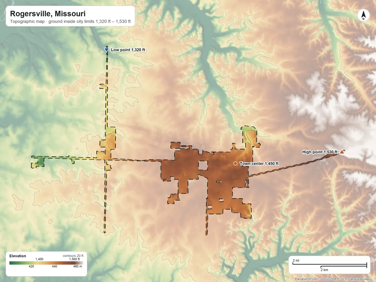 Topographic elevation map of Rogersville, Missouri, shaded from 1,320 ft on the northwest side to 1,530 ft on the east side