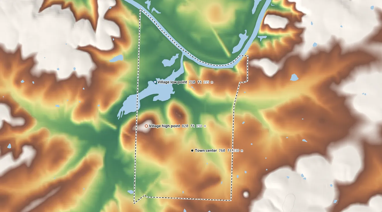 Topographic elevation map of Roscoe, Missouri, shaded from 710 ft on the northwest side to 820 ft on the northwest side