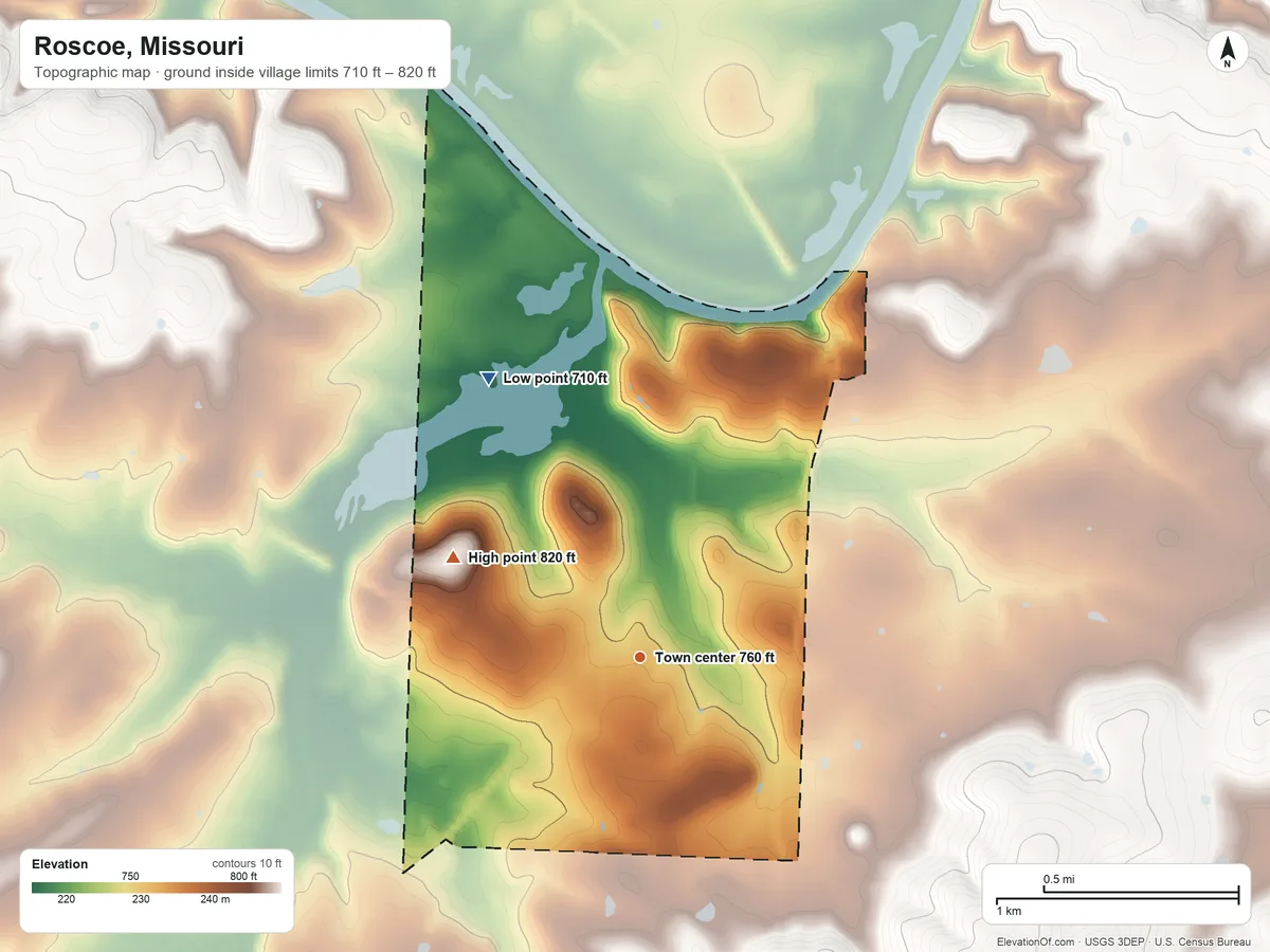 Topographic elevation map of Roscoe, Missouri, shaded from 710 ft on the northwest side to 820 ft on the northwest side