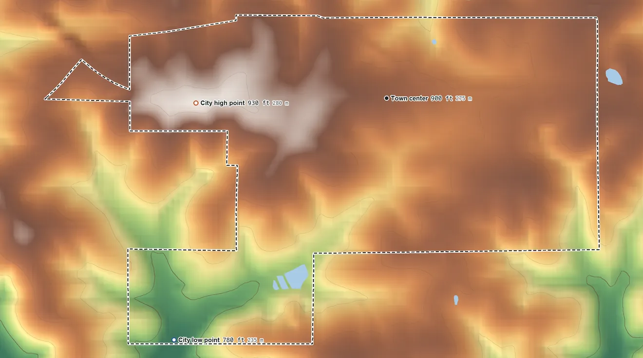 Topographic elevation map of Rosebud, Missouri, shaded from 780 ft on the southwest side to 930 ft on the west side