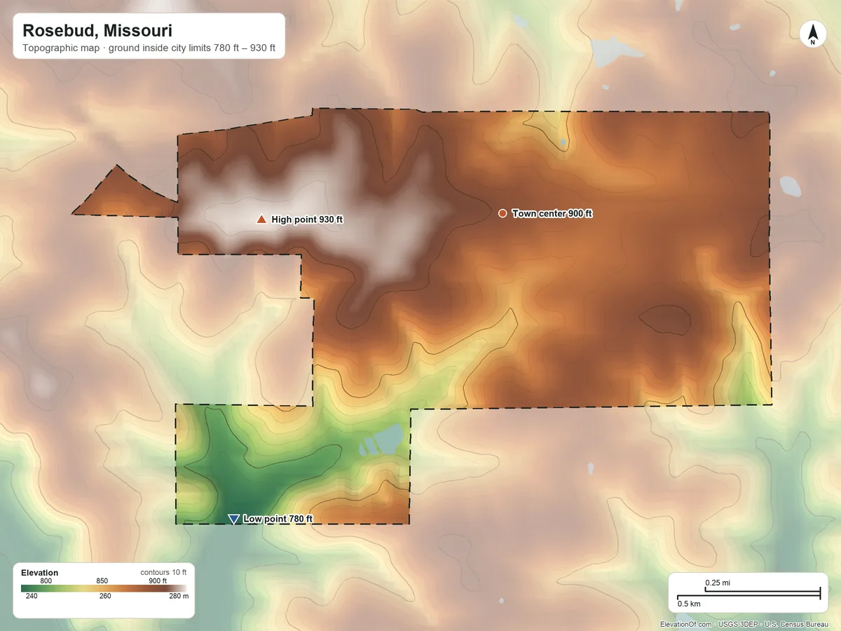 Topographic elevation map of Rosebud, Missouri, shaded from 780 ft on the southwest side to 930 ft on the west side