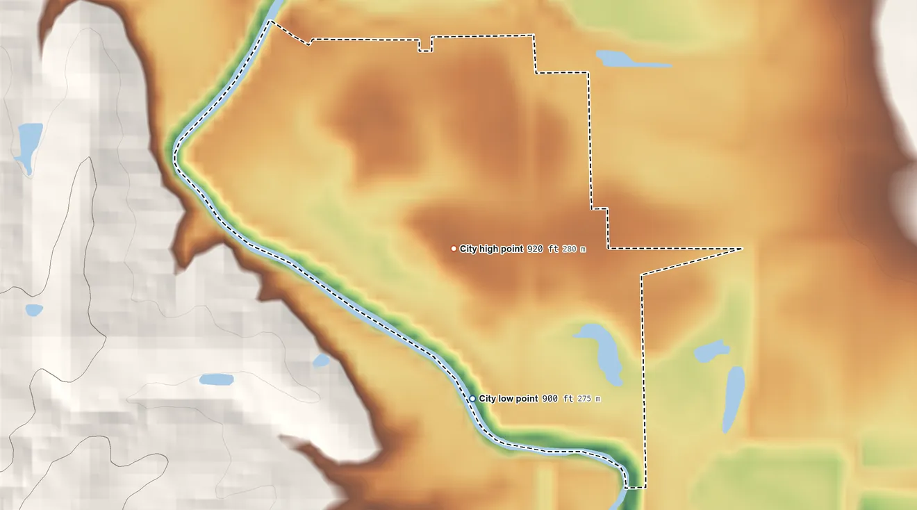 Topographic elevation map of Rosendale, Missouri, shaded from 900 ft on the south side to 920 ft on the southwest side