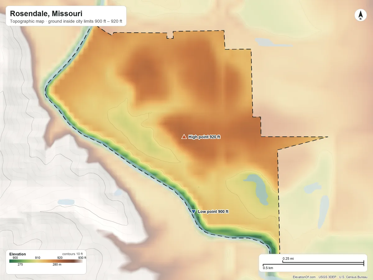 Topographic elevation map of Rosendale, Missouri, shaded from 900 ft on the south side to 920 ft on the southwest side