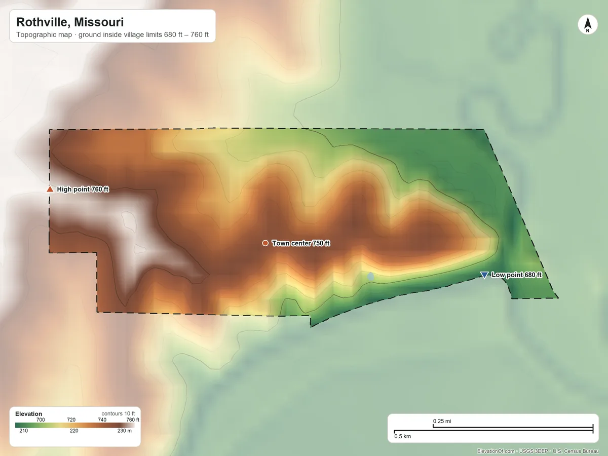 Topographic elevation map of Rothville, Missouri, shaded from 680 ft on the east side to 760 ft on the west side