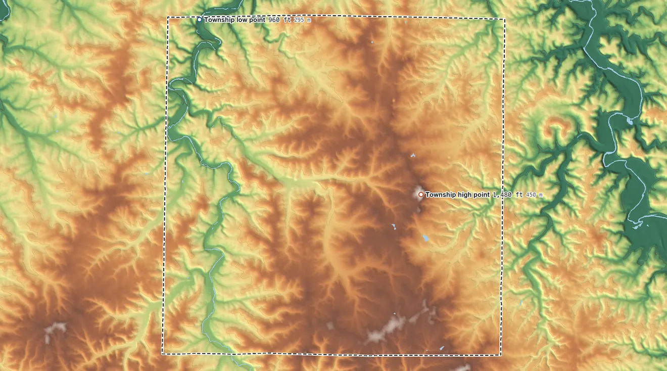 Topographic elevation map of Roubidoux Township, Missouri, shaded from 960 ft on the northwest side to 1,480 ft on the southeast side