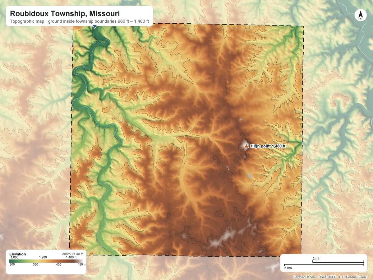 Topographic elevation map of Roubidoux Township, Missouri, shaded from 960 ft on the northwest side to 1,480 ft on the southeast side