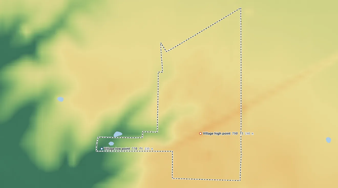 Topographic elevation map of Rush Hill, Missouri, shaded from 770 ft on the southwest side to 790 ft on the south side