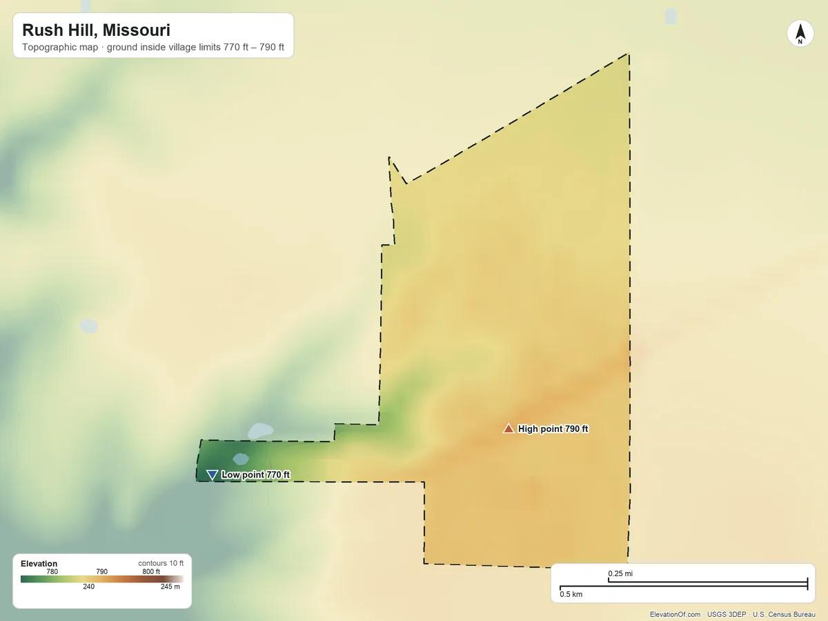Topographic elevation map of Rush Hill, Missouri, shaded from 770 ft on the southwest side to 790 ft on the south side