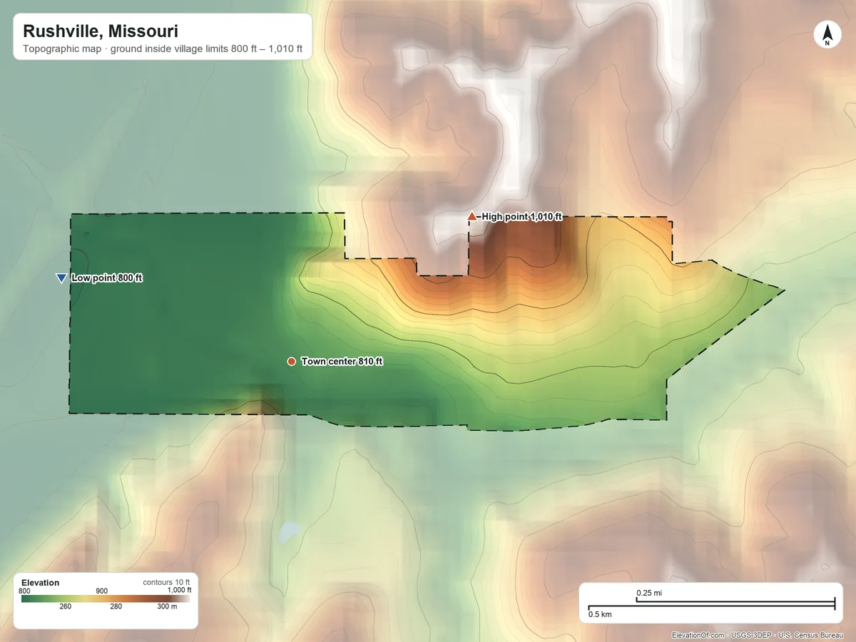 Topographic elevation map of Rushville, Missouri, shaded from 800 ft on the west side to 1,010 ft on the northeast side